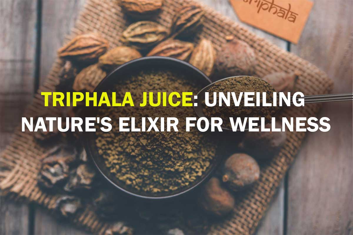 Triphala Juice Bottle Surrounded by Fresh Indian Gooseberries, Belleric Myrobalans, and Chebulic Myrobalans – The Key Ingredients of Nature's Elixir for Wellness. A Comprehensive Guide to Triphala Juice Benefits, History, and Usage.