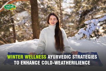 A person practicing Ayurvedic winter rituals to stay healthy, with herbs and spices on a wooden surface.