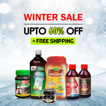 A diverse selection of Ayurvedic products including Triphala Ras, Chyawanprash, Shilajit, and more. Special offer of up to 60% off. Shop now for natural wellness solutions!