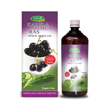Swadeshi Karela Jamun Ras 500 ml bottle, a natural remedy for diabetes management and blood purification.