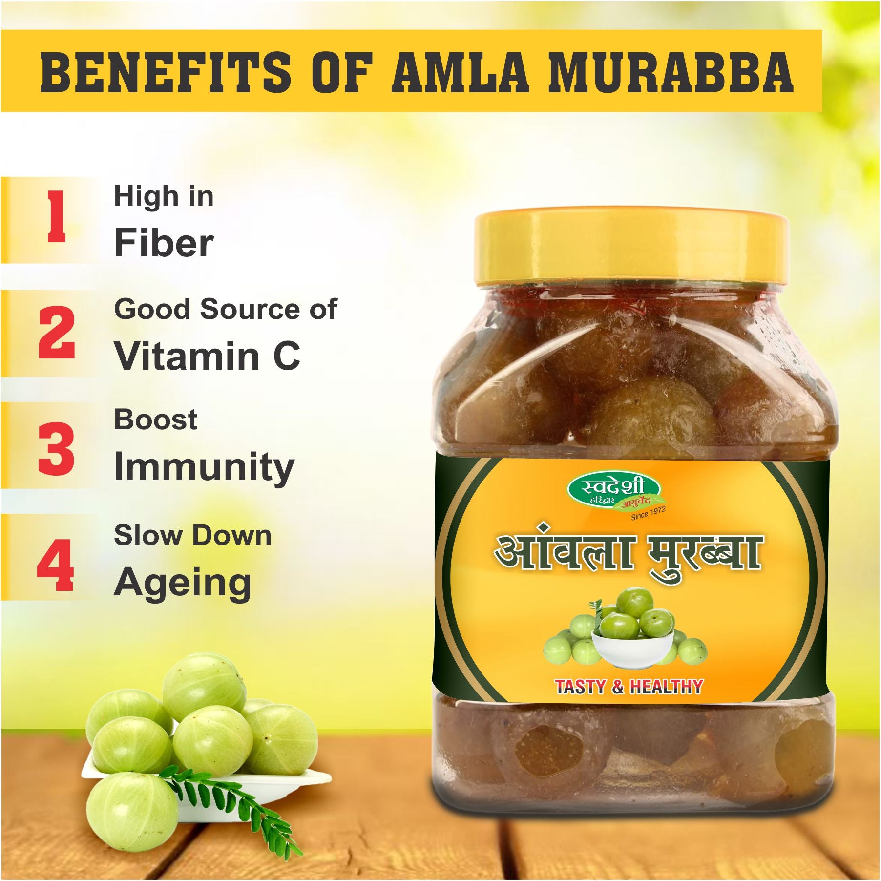 Key ingredients of Swadeshi Amla Murabba, including Amla fruit and other natural components used in Ayurveda.