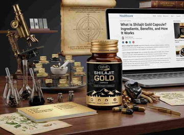 Shilajit Gold capsule with Ayurvedic herbs and research setup