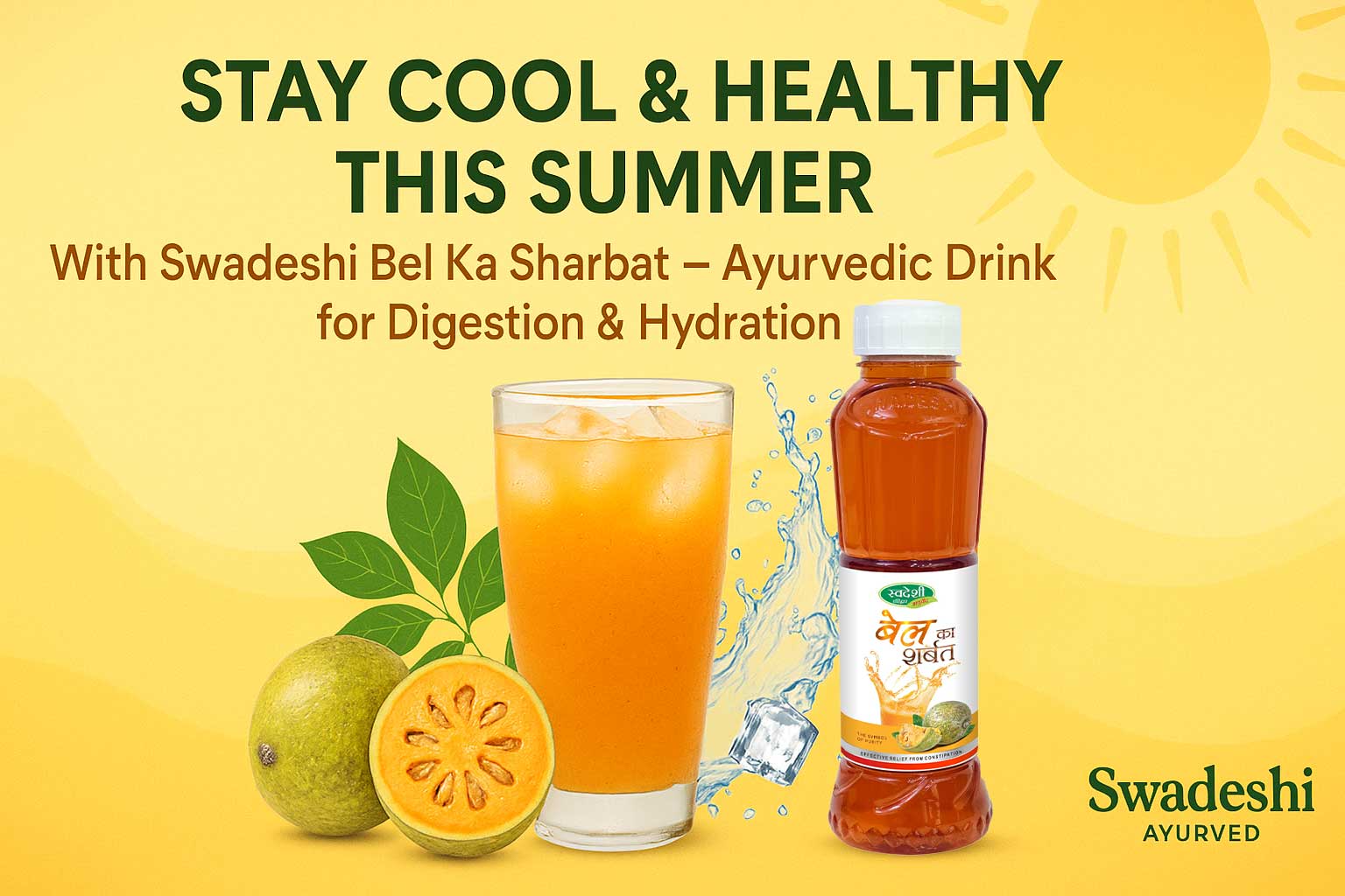A glass of Swadeshi Bel Ka Sharbat with fresh bael fruit, showcasing a natural Ayurvedic summer drink for digestion and hydration.