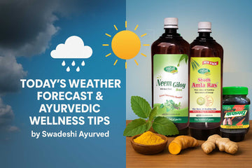 A digital promotional image showcasing four Ayurvedic health products from Swadeshi Ayurved