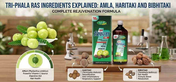 Triphala Ras bottle with Amla, Haritaki and Bibhitaki ingredients