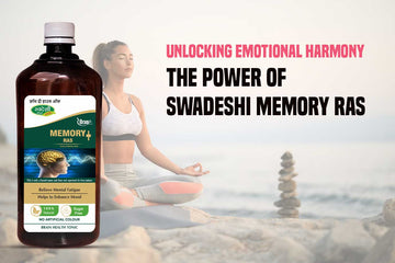 Bottle of Swadeshi Memory Ras surrounded by herbs, representing natural cognitive enhancement and emotional balance