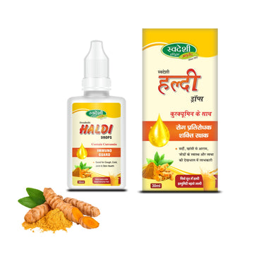 Swadeshi Haldi Drop bottle with dropper. The product claims to support respiratory health, combat colds and coughs, and relieve joint inflammation. Contains key ingredient Haldi (Turmeric)