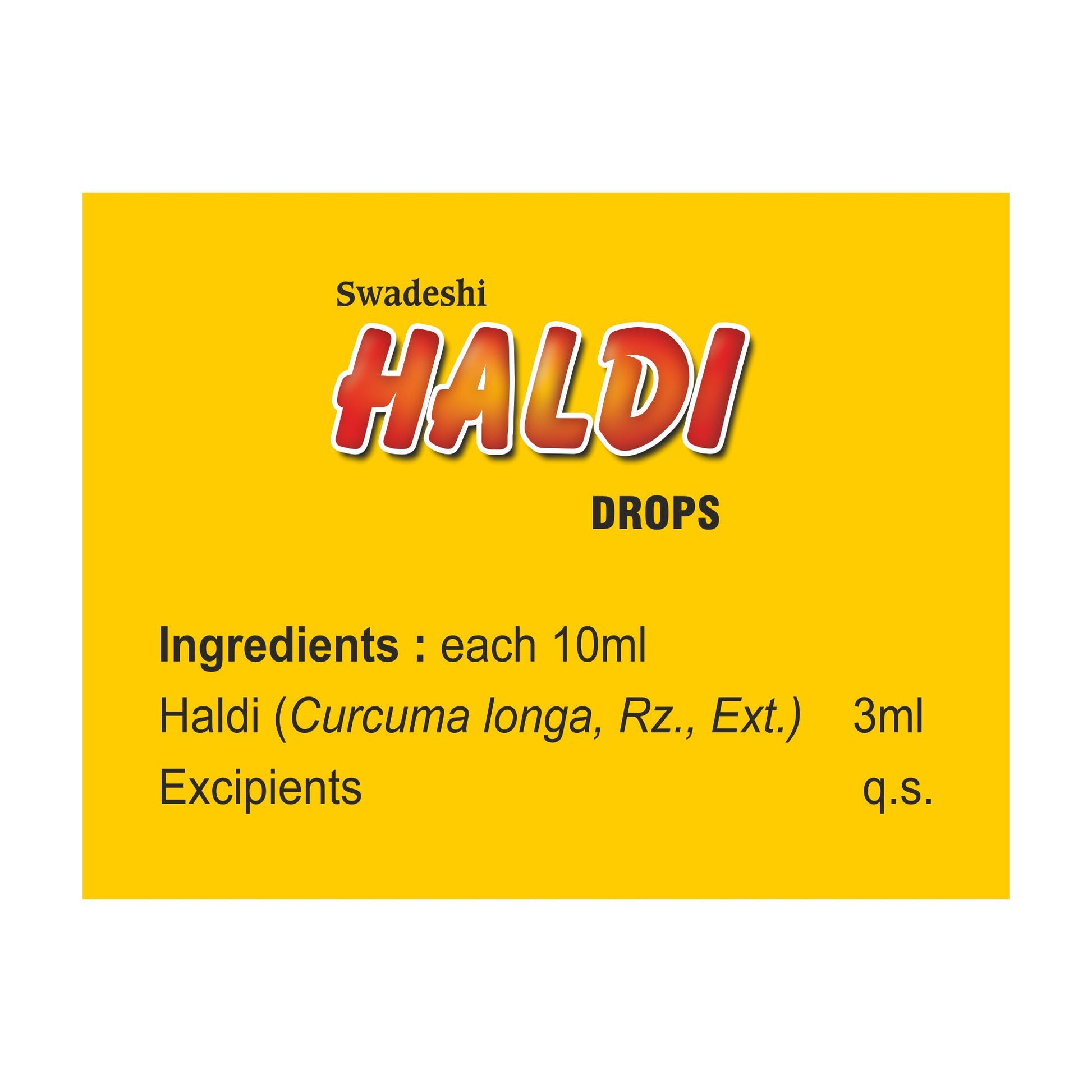 Step-by-step guide showing how to use Swadeshi Haldi Drop with a dropper. Recommended dosage is 5-10 drops twice a day or as directed by a physician.
