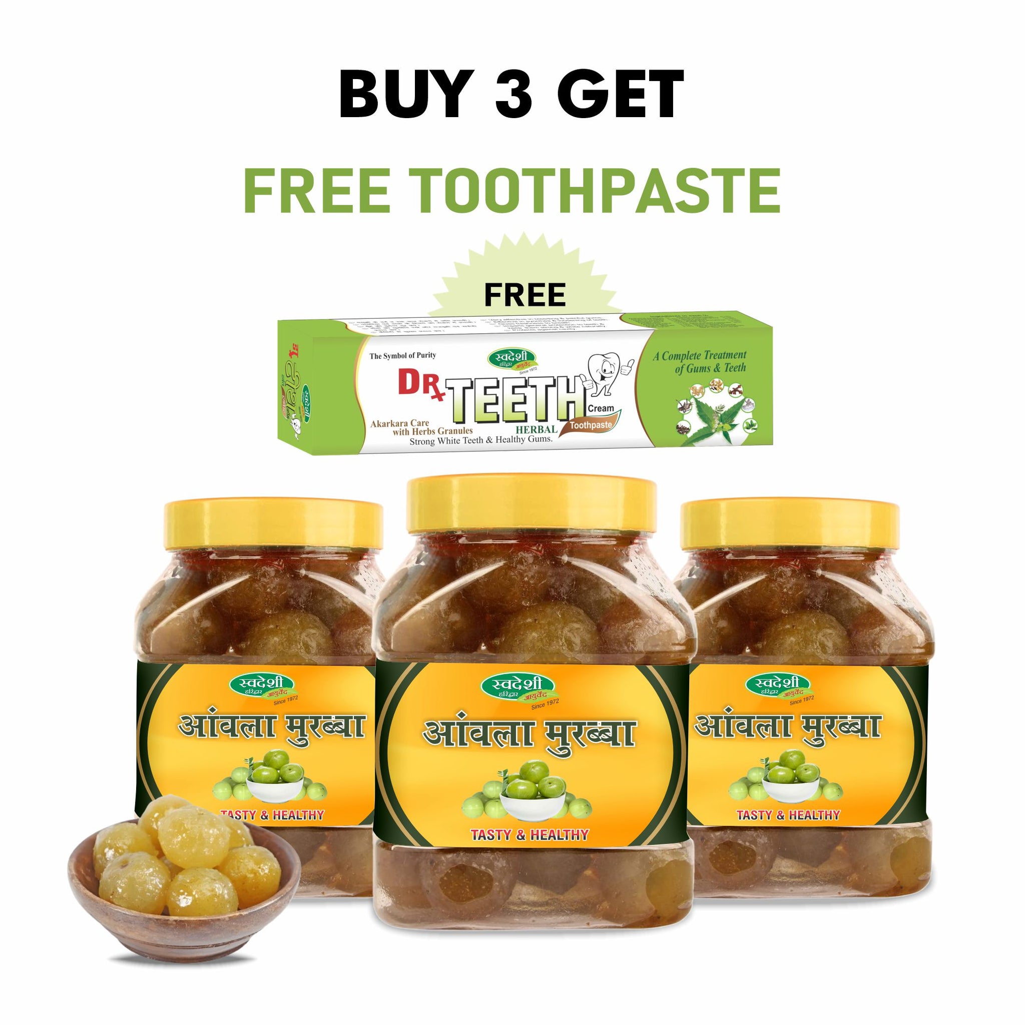 Swadeshi Amla Murabba jar showcasing the natural Amla fruit and its rich, glossy texture.