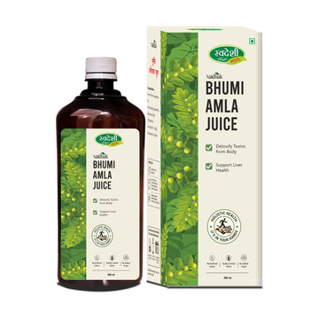 500ml bottle and packaging box of Swadeshi Vaidhak Bhumi Amla Juice for liver health and body detox, featuring green herbal design.