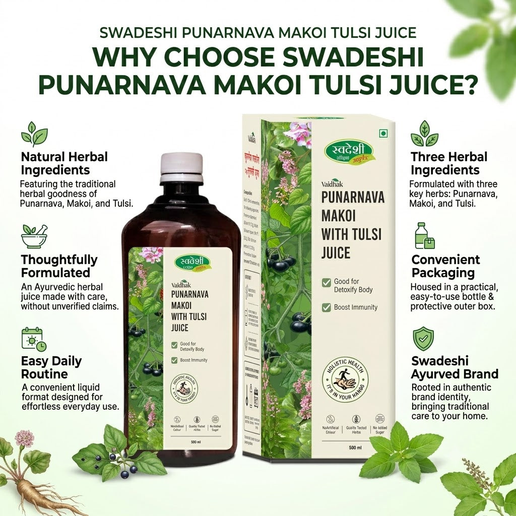Why choose Swadeshi Punarnava Makoi Tulsi Juice – herbal ingredients and product features